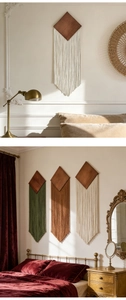 Close-up of bohemian woven cotton tassels hanging from a diamond-shaped wood base