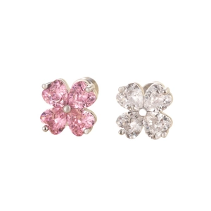 Pink heart and clear crystal clover stud earrings in silver stainless steel finish