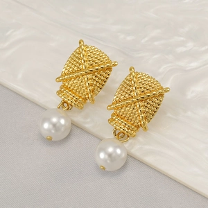 Vintage Geometric Woven Texture Earrings For Women 18K Gold Plated Stainless Steel Artificial Pearl Elegant Jewelry Gift