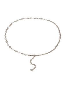 Silver metal waist chain for dresses featuring heart charms and sparkling rhinestones