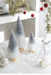 Three frosted silver sisal mini Christmas trees with snow effect and wooden base decor