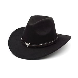 Black western cowboy felt hat with silver bull head charm and metallic studded band