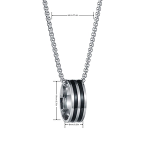 Silver necklace with black striped ring pendant showing 60cm length and 19mm height