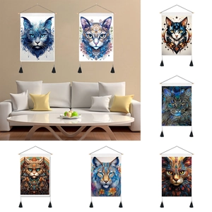 Cat Pattern Wall Tapestry Artistic Bohemian Home Decor Hanging Painting With Wood Pole And Tassel Polyester Cotton