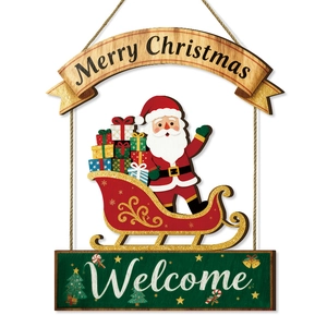 Panneau de porte de Noël en bois avec Père Noël en traîneau et inscription Bienvenue