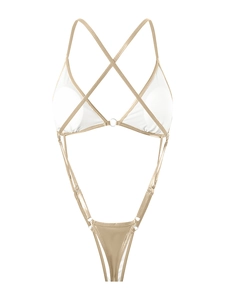 Detail of white one-piece swimsuit with gold criss-cross straps and cutout design