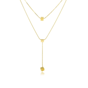 Minimalist double layer golden necklace with geometric cube pendants on white background