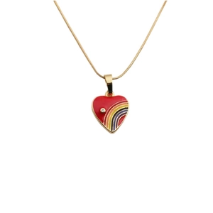 Golden necklace featuring a red enamel heart pendant with colorful rainbow stripes and crystal