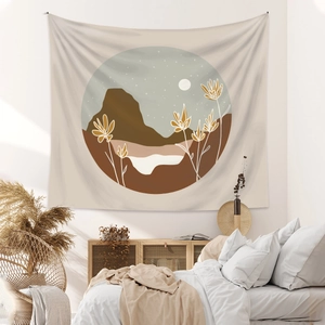 Detail of bohemian wall tapestry with abstract mountain scenery and floral motifs