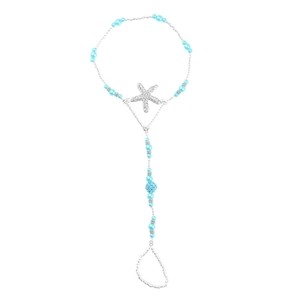 Starfish anklet with blue beads and rhinestone starfish charm on white background