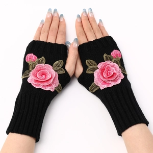Women Fingerless Knitted Gloves Winter Warm Acrylic Jacquard Floral Rose Short Half Finger Arm Warmers For Ladies Soft Mittens