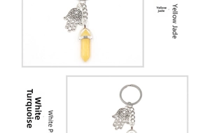 Detailed view of Hamsa Hand keychains featuring yellow jade and white pine stone prisms