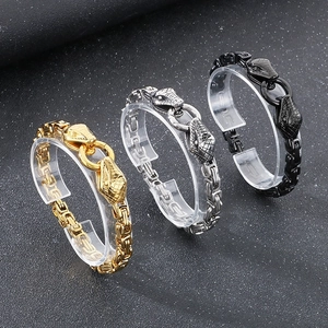 Snake head titanium steel cuban link bracelets in gold, silver, and black metal finishes