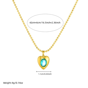 Gold stainless steel ball chain necklace with blue glass heart pendant and size info