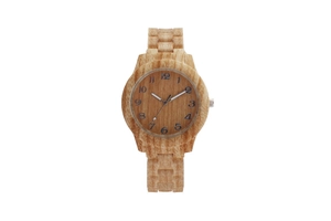 Detail of trendy women's watch with light brown natural wood grain texture and dial