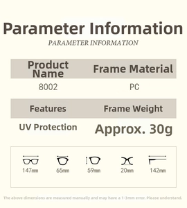 Tabla de tallas y especificaciones para gafas de sol cuadradas con cadena