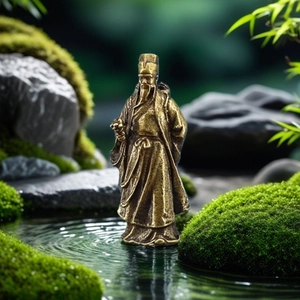 Traditionelle chinesische Li Shizhen Messingstatue in einer ruhigen Zen Wasserlandschaft