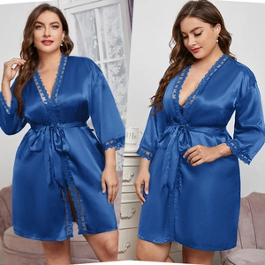 Plus Size Women Satin Robe Lace Trim V Neck Faux Satin Sleepwear Loungewear Nightgown With Belt