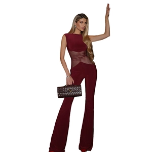 Sleeveless mesh patchwork jumpsuit with wide bell-bottom pants in deep wine red color