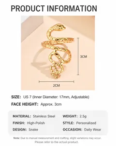Detailed size specifications and material properties for the punk gold snake ring