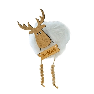 Christmas reindeer hanging ornament with white faux fur body and X-MAS wooden sign