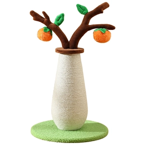 Vase-shaped sisal cat scratching post with flower branches and hanging plush balls