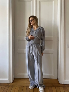 Survêtement en velours gris pour femme avec sweat à capuche court et pantalon large