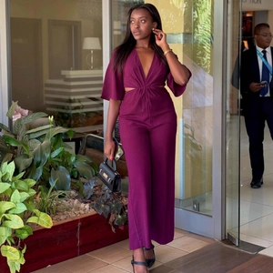 Women Jumpsuit Deep V Neck Cut Out Waist Wide Leg Flared Sleeve Solid Color High Waist Polyester Sexy Elegant Streetwear