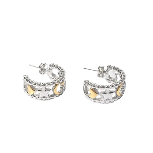 Two-tone C-shaped hoop earrings featuring celestial heart, star, and moon patterns