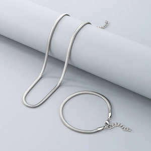Detailed view of silver stainless steel flat snake chain necklace and bracelet jewelry set