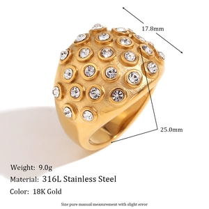 Detail showing 316L stainless steel ring weight of 9.0g and 18K gold plating dimensions