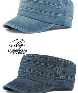 Close-up of washed denim flat top army caps in light and dark blue with side eyelets