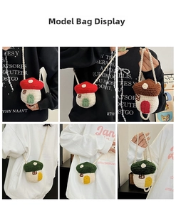 Detail showing various colors of handmade crochet mushroom crossbody bags on a model