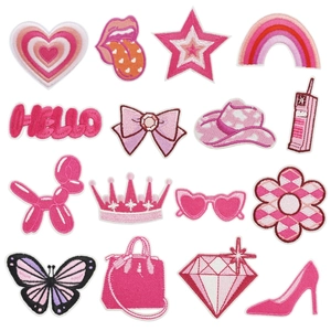 Pink Embroidery Iron On Patches Cartoon Heart Bow Star Flower DIY Decorative Applique Fabric Labels