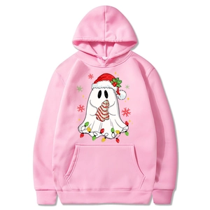 Pink Christmas hoodie for men and women with cartoon ghost print and drawstring hood