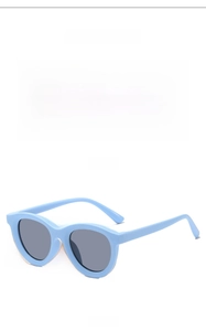 Front and side view of sky blue kids sunglasses with protective grey tinted lenses