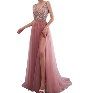 Pink sequin sleeveless deep V-neck evening gown with high slit and flowing mesh skirt