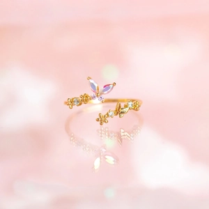 Golden gradient butterfly and flower open ring with colorful crystals and rhinestones