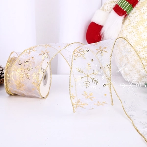 Transparent white Christmas organza ribbon with gold and silver snowflake patterns