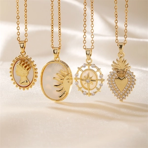 Geometric Pendant Necklace Copper Gold Plated With Zircon And Mother Of Artificial Pearl Vintage Style Jewelry For Women