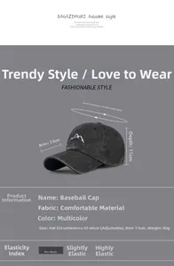 Detailed size guide for vintage washed baseball cap with mountain embroidery and dimensions