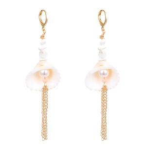 Detail of seashell earrings with natural stones, white pearls and gold chain tassels