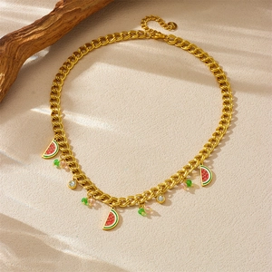Double-layer stainless steel necklace with cute watermelon charms and colorful beads