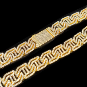 Men's hip hop 16mm gold cuban link necklace with ice out hollow H letter clasp