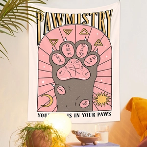 Detail of bohemian Pawmistry tapestry featuring pink arches and mystical zodiac palmistry symbols