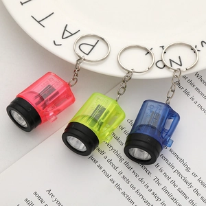 Close-up of translucent colorful mini LED flashlights with silver metal keychains