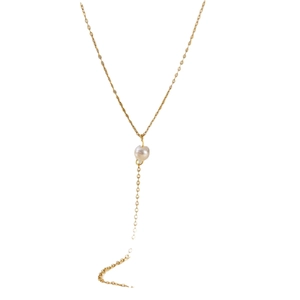 Minimalist Y-shaped lariat necklace with a white pearl and gold-plated stainless steel chain
