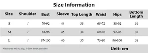 Detailed size chart for off-shoulder long sleeve top and mini skirt set in cm S-L