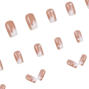 Champagne gold and white gradient press-on nails with sparkling stars, 24 piece set