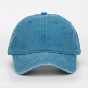 Classic washed blue cotton baseball cap with six-panel design and reinforced stitching